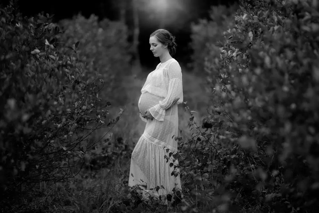 Kobieta która pozuje do zdjęć będąc w ciąży na plantacji borówki