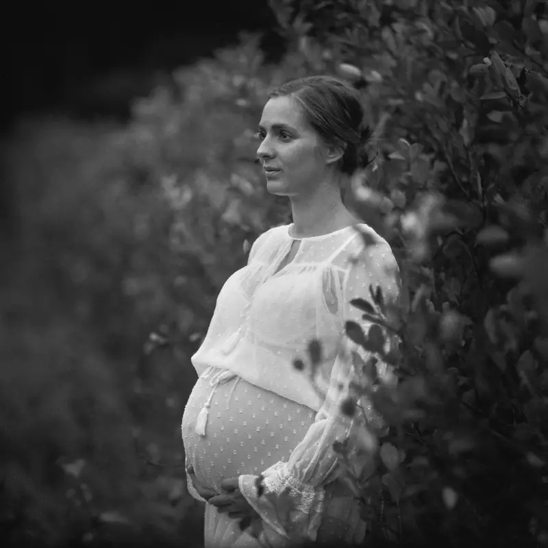 Fotografia dziewczyny ukazująca ciążę ozdobioną piękną sukienką na tle plantacji borówki